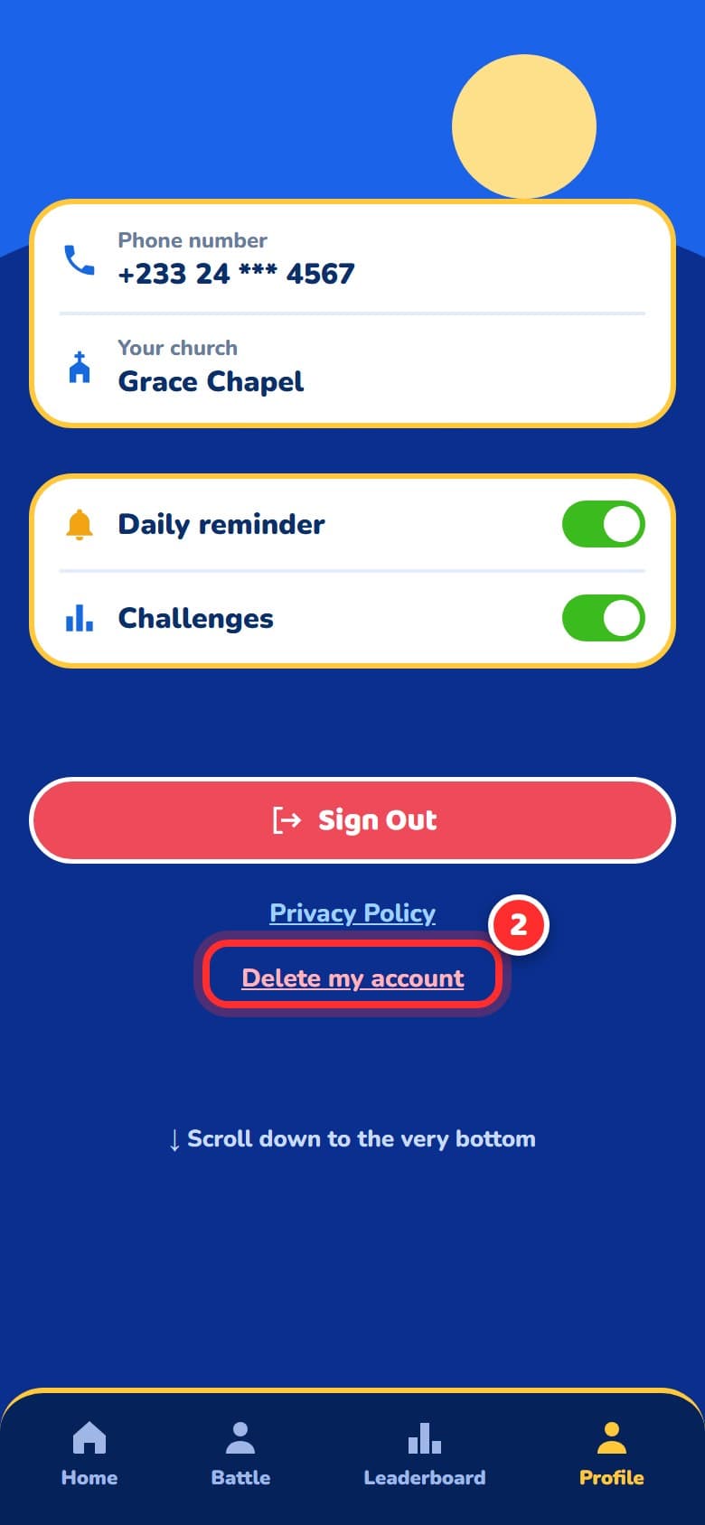 The bottom of the Settings screen in the Bible Battle app with the Delete my account link highlighted