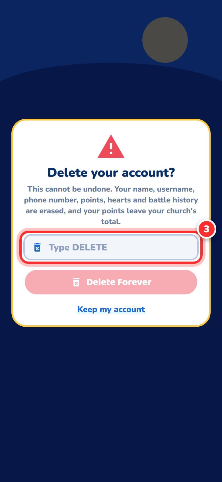 The Delete your account confirmation with the Type DELETE box highlighted