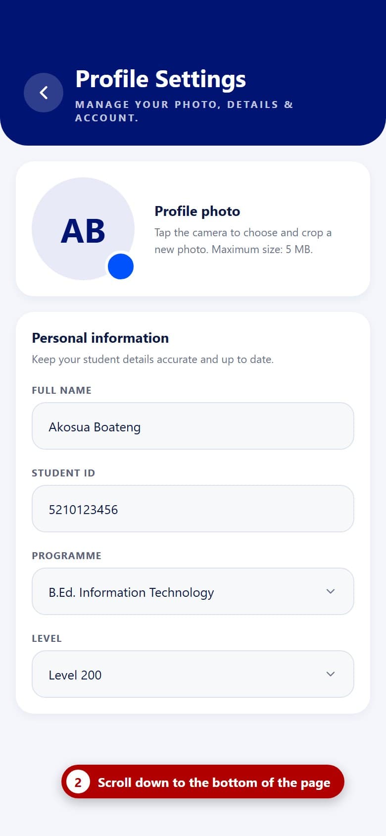 The Profile Settings screen in the UEW SRC app showing the photo and personal details, with a hint to scroll down