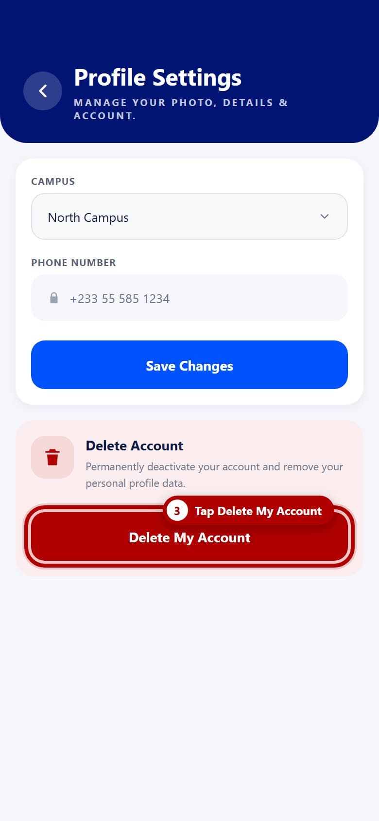 The Delete Account card at the bottom of Profile Settings with the Delete My Account button highlighted
