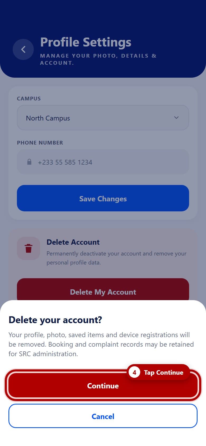 The Delete your account confirmation sheet with the Continue button highlighted