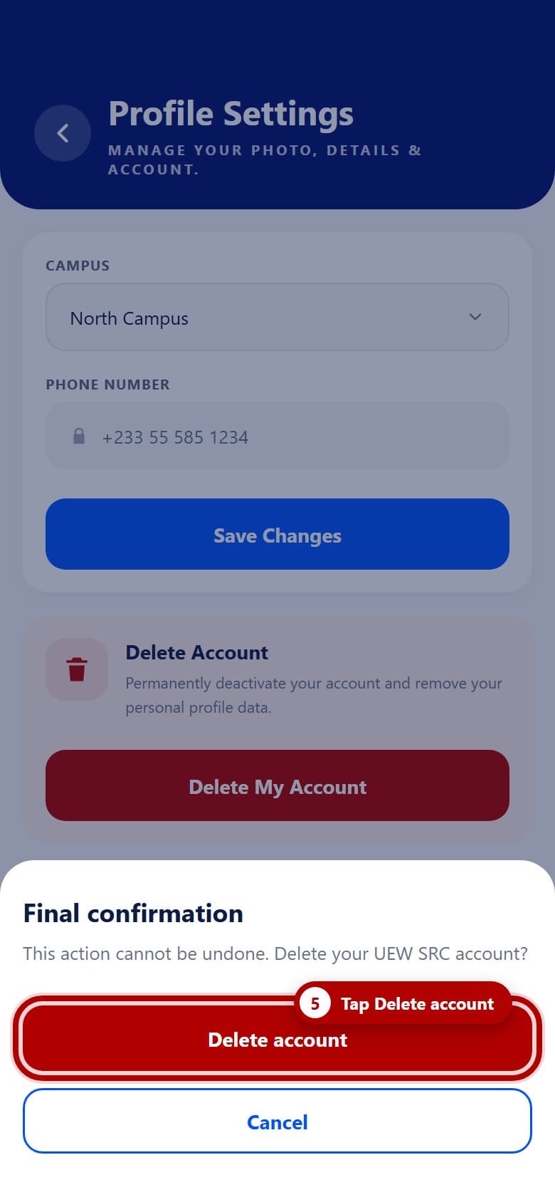 The Final confirmation sheet with the Delete account button highlighted