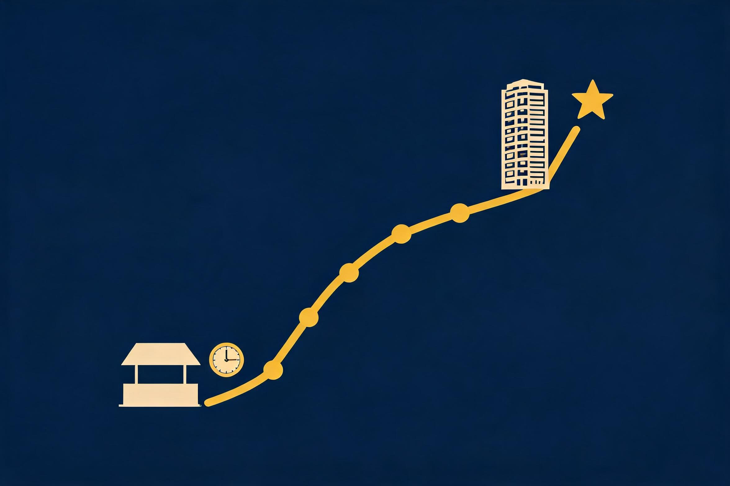 A growth curve rising from a small market stall to an office building, with six milestone dots